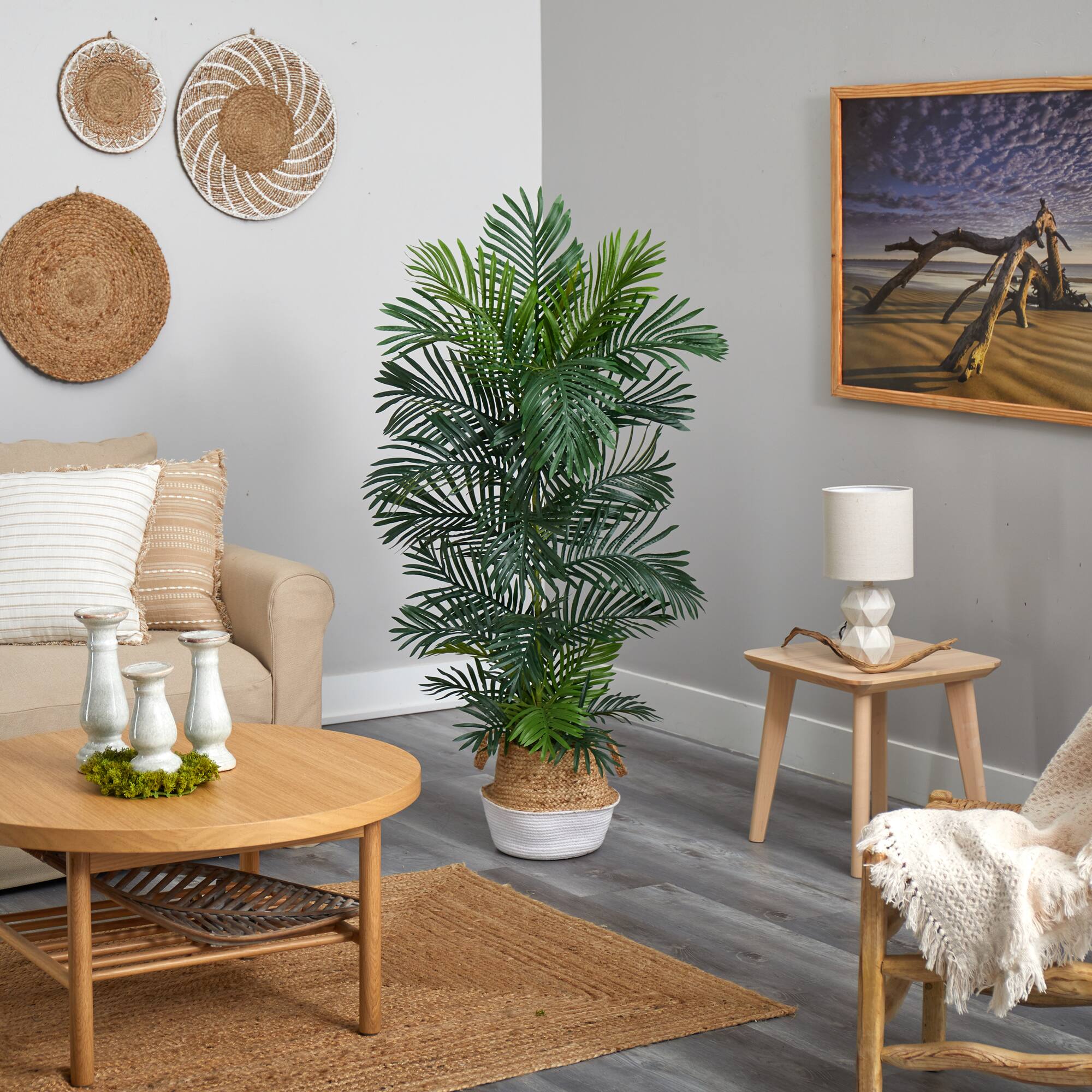 5ft. Areca Artificial Palm Tree in Boho Chic Handmade Cotton & Jute White Woven Planter UV Resistant (Indoor/Outdoor)